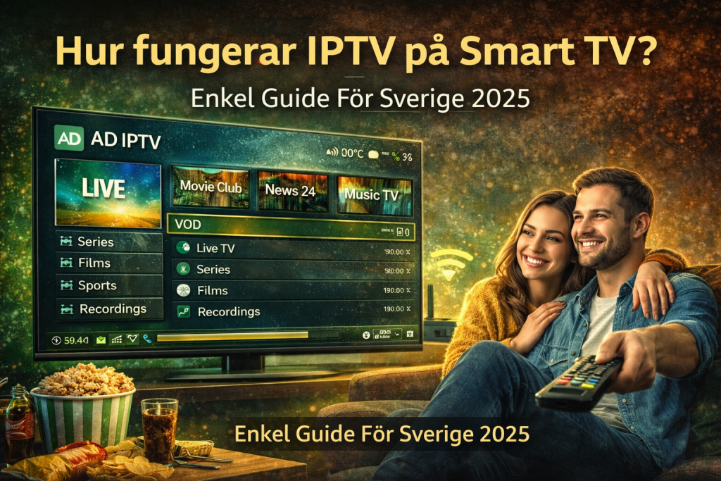 En familj som tittar på IPTV på Smart TV med ClaudTV guide